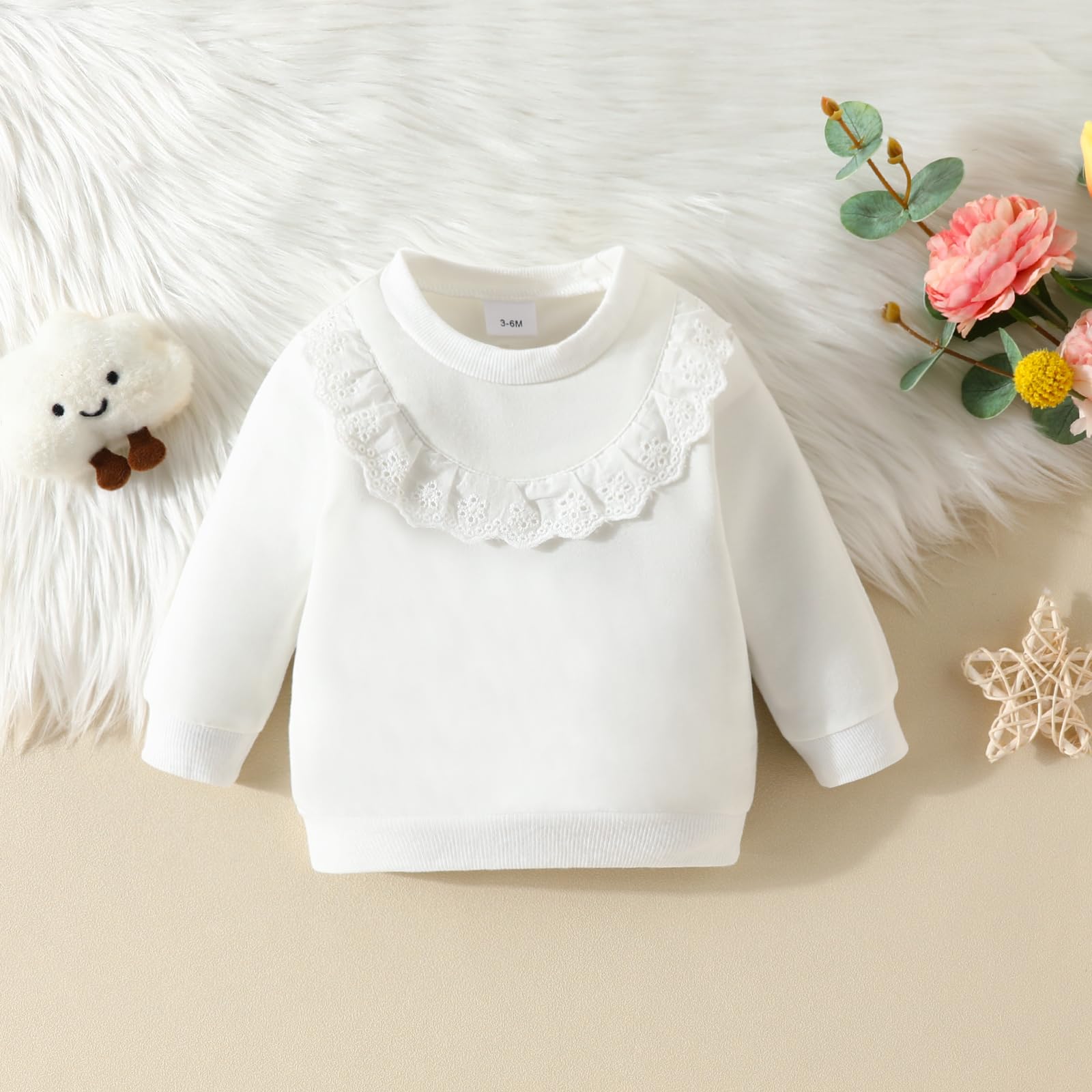 Yanmucy Sweatshirt pour Bébés Filles Vêtements Coton à Volants et Dentelle Sweatshirts Crewneck à Manches Longues Jumper Top Décontracté (FR/ES, Âge, 12 Mois, 18 Mois, Blanc)