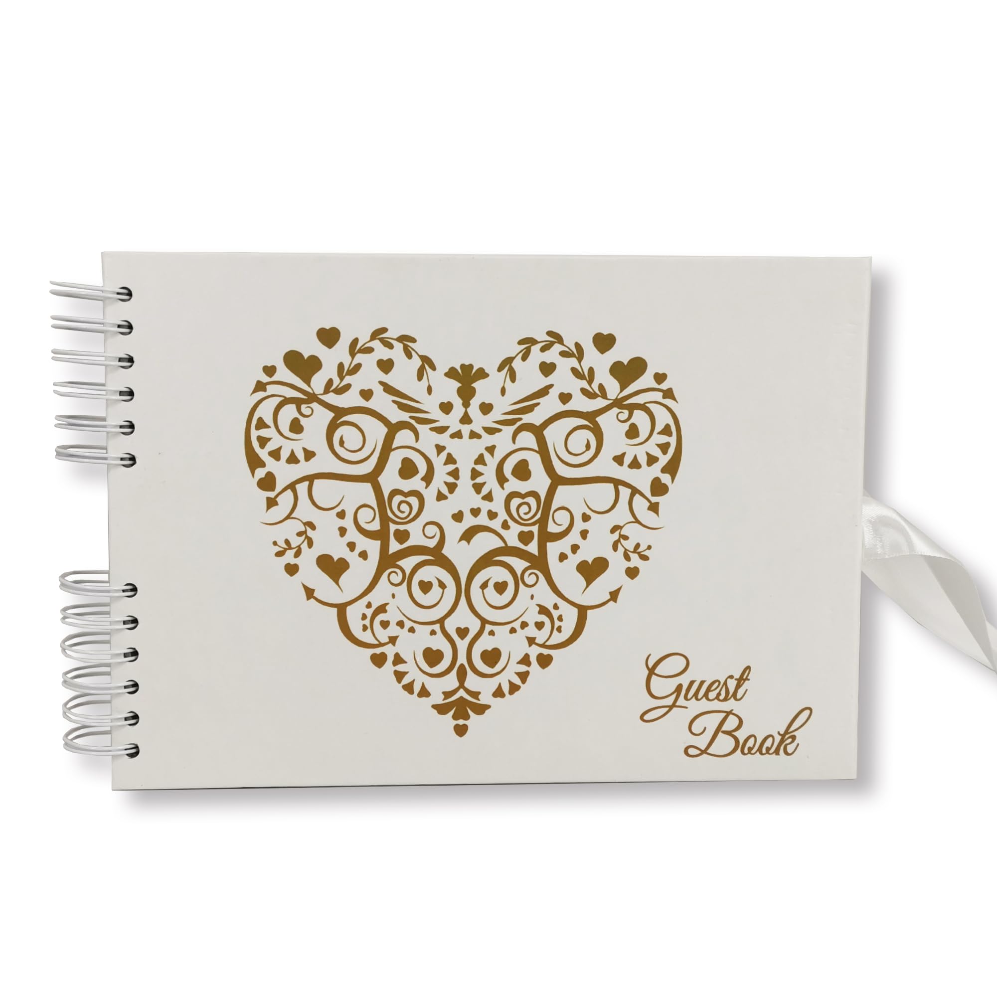 Large 12"x 8" A4 Guest Book DIY Photo Album Scrapbook - 80 Pages, 6x4 Landscape Slip-In Pages - Ideal for Weddings, Birthdays, and Gifts (Gold Heart GuestBook Black Page)