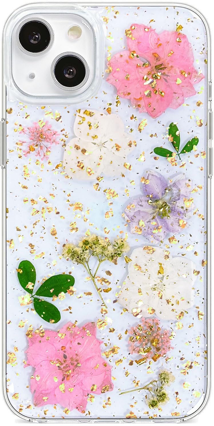 Abbery for iPhone 13/14/15 Clear Case with Flower Cute Design Real Pressed Dried Pink Purple White Floral Sparkle Gold Soft TPU Aesthetic Shockproof