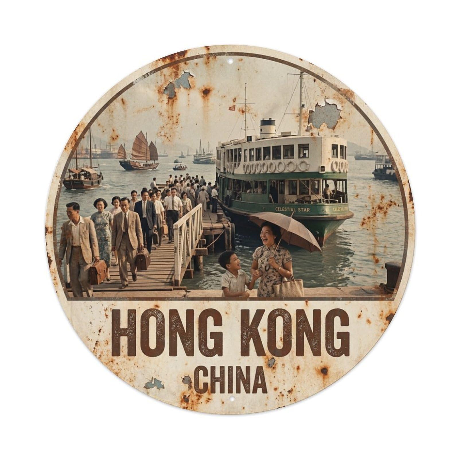 Vintage Travel Hong Kong China Dynamic Metal Tin Sign