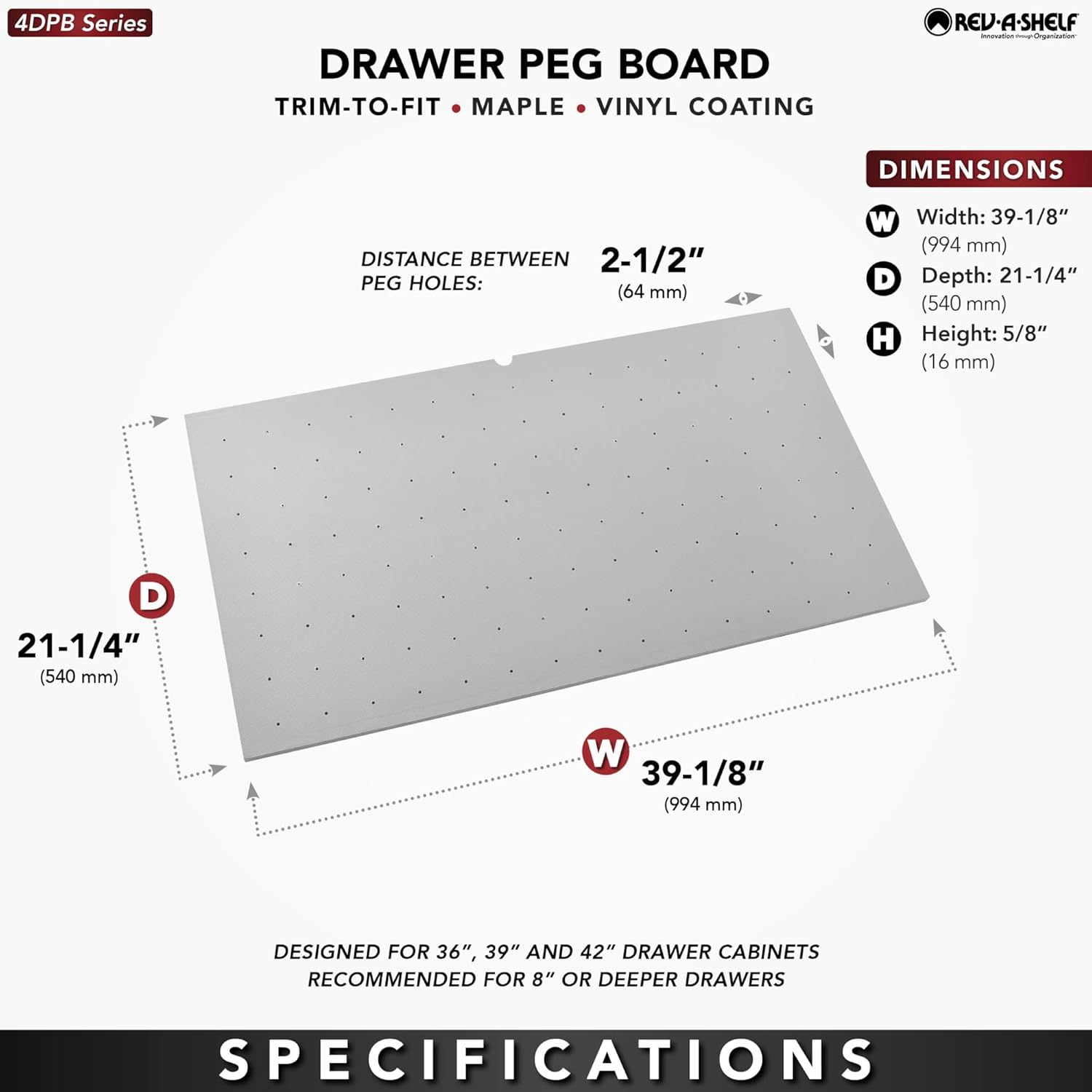 Rev-A-Shelf Wood Trim-to-Fit Drawer Peg Board Insert with Vinyl Coating