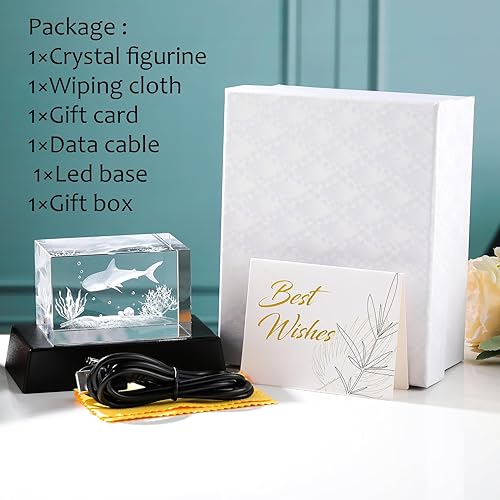 Miniatura 8 de Movdyka Figuras de tiburón de cristal 3D con base de luz colorida, estatua de tiburones, regalos para amantes de tiburones, mujeres, hombres, niños,