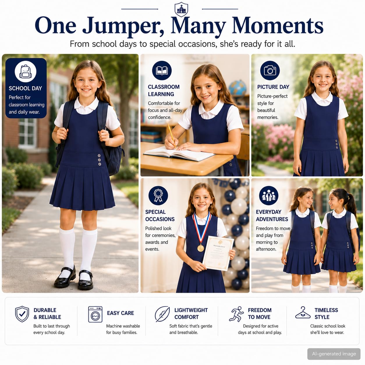 Bienzoe Jersey de uniforme escolar para niñas: vestido sin mangas con dobladillo plisado elástico para niños