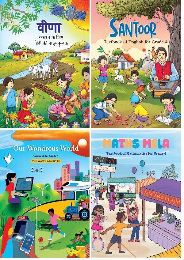 NCERT Class 4 Textbook For Hindi, English, Mathematics, & Our Wondrous World (Veena, Santoor, Maths Mela, The World Around Us) 4 Book Set Latest Edition 2025-2026