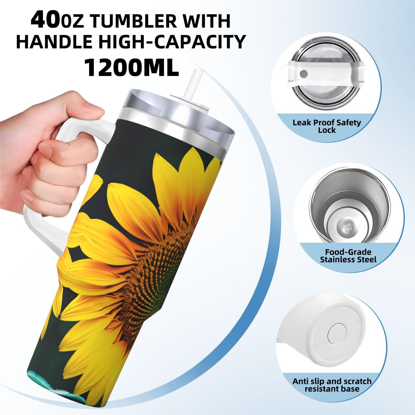 Wasserflasche mit Sonnenblumenmuster, Edelstahl, doppelwandig, isoliert, mit Griff und Strohhalm-Deckel, 1,2 l