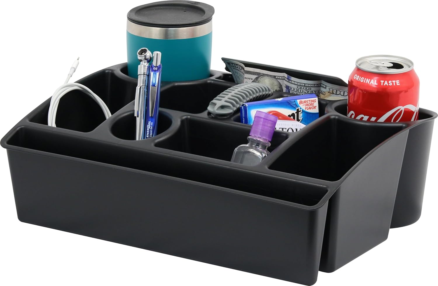 Vehicle Seat Organizer Car Storage Caddy with Carrying Handle, 2 Large Cup Holders, 10 Compartments, Hidden Extra Storage, Fits Most Vehicles, Made in USA from Recycled Plastic
