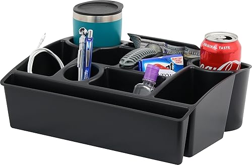 Organizador de asiento de vehículo con asa de transporte, 2 portavasos grandes, 10 compartimentos, almacenamiento adicional oculto, se adapta a la