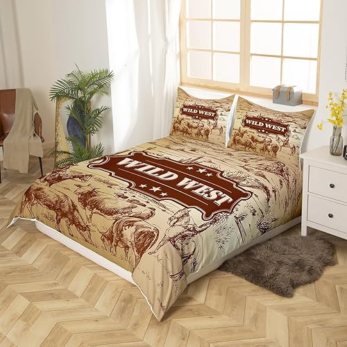 Miniatura 2 de Wild West - Funda de edredón tamaño matrimonial, juego de ropa de cama de vaquero para niños, funda de edredón dibujada a mano con vacas de montaña