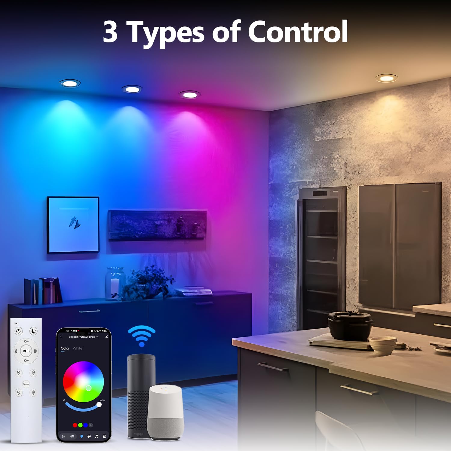 Faretti Led da Incasso per Cartongesso Alexa Wifi Bluetooth, RGBW 2700K a 6000K, Dimmerabili App Controllo, 10W, alluminio, faretti da incasso con gateway intelligente e telecomando, 6pcs
