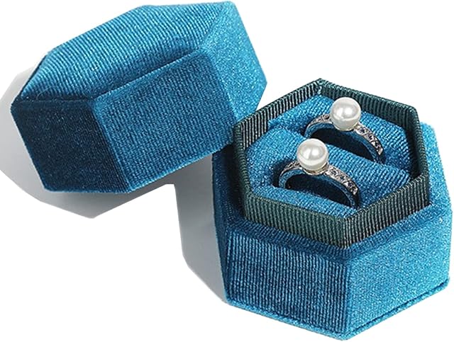 MEITREND Ring Box, Earring Jewellery Box Velvet Double Ring Holder Storage Display Case Organizer Empty Gift Box For Engagement Wedding Proposal Birthday, Vintage Hexagon Sea Blue