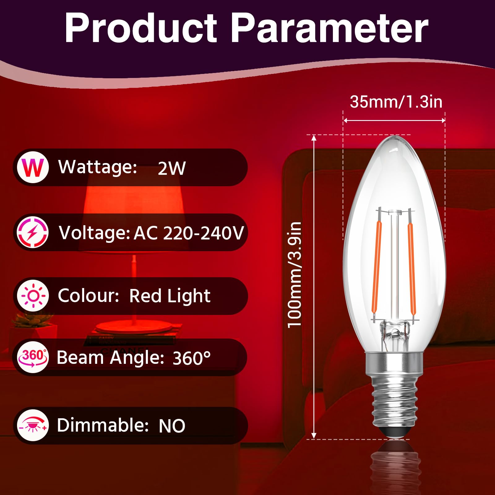 Caldarax 2 sztuki czerwonych żarówek LED E14, 2 W, zamiennik żarówki 20 W, 200 lm, kształt świecy C35, przezroczyste żarówki LED, E14, kolorowe czerwone żarówki, na wesele, Halloween, Boże Narodzenie