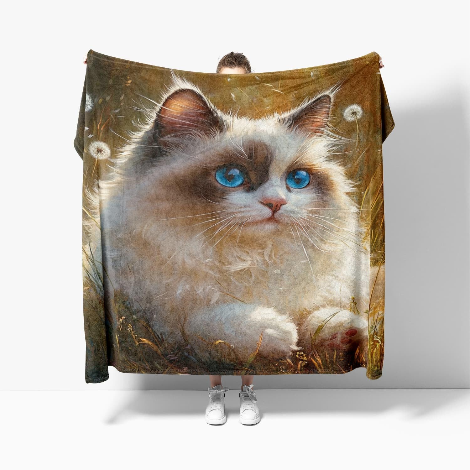 Plaid couverture polaire flanelle chat ragdoll 130x150cm lit brun