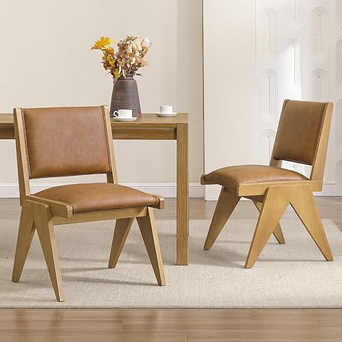 VESCASA Sillas de comedor tapizadas con patas de madera marrón claro, de piel sintética, modernas de mediados de siglo, acolchadas de poliuretano