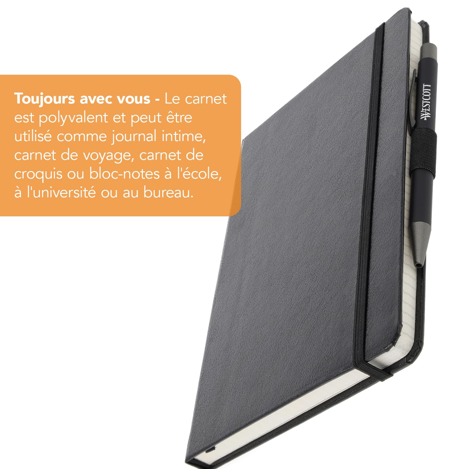 Westcott Carnet de notes DIN A5 quadrillé 192 pages 80 g/m² papier FSC-Mix avec poche intérieure marque-page porte-stylo
