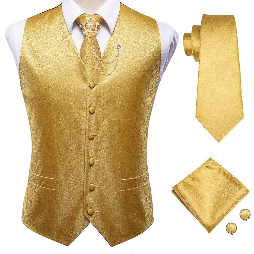 Blue Red EN8 Gold Jacquard Silk Mens Waistcoat Set Vest Tie