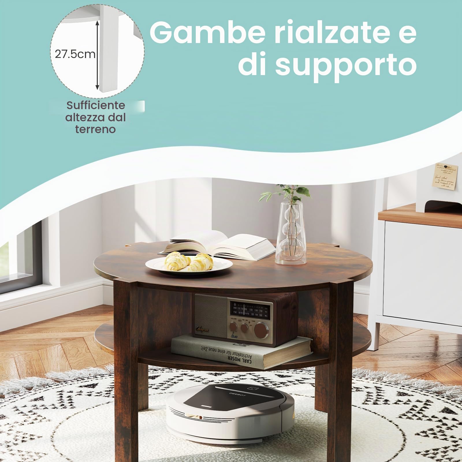 LIFEZEAL Tavolino Salotto Rotondo a 2 Ripiani con 4 Scomparti Aperti, in Legno, Tavolino da Caffè, Divano, Tavolo Soggiorno, Industriale, Salvaspazio, Semplice, Ø74,5x45,5cm, Max 100kg, Marrone