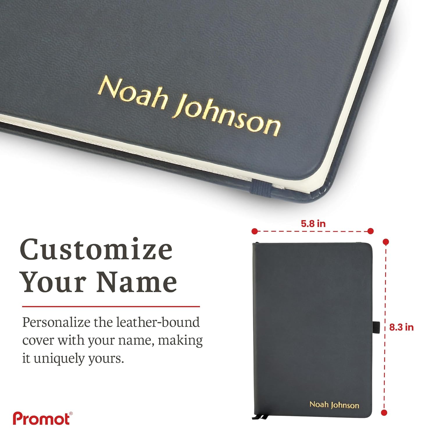 Promot Ruled Journal Notebook - Custom Embossed Text with Gold Metallic Foil - A5 Black 192 Lined Pages 8.2 x 5.5 Inch, 100 GSM, Pen Loop, Inner Pocket, Elastic Band, PU Leather Hardcover - Image 6