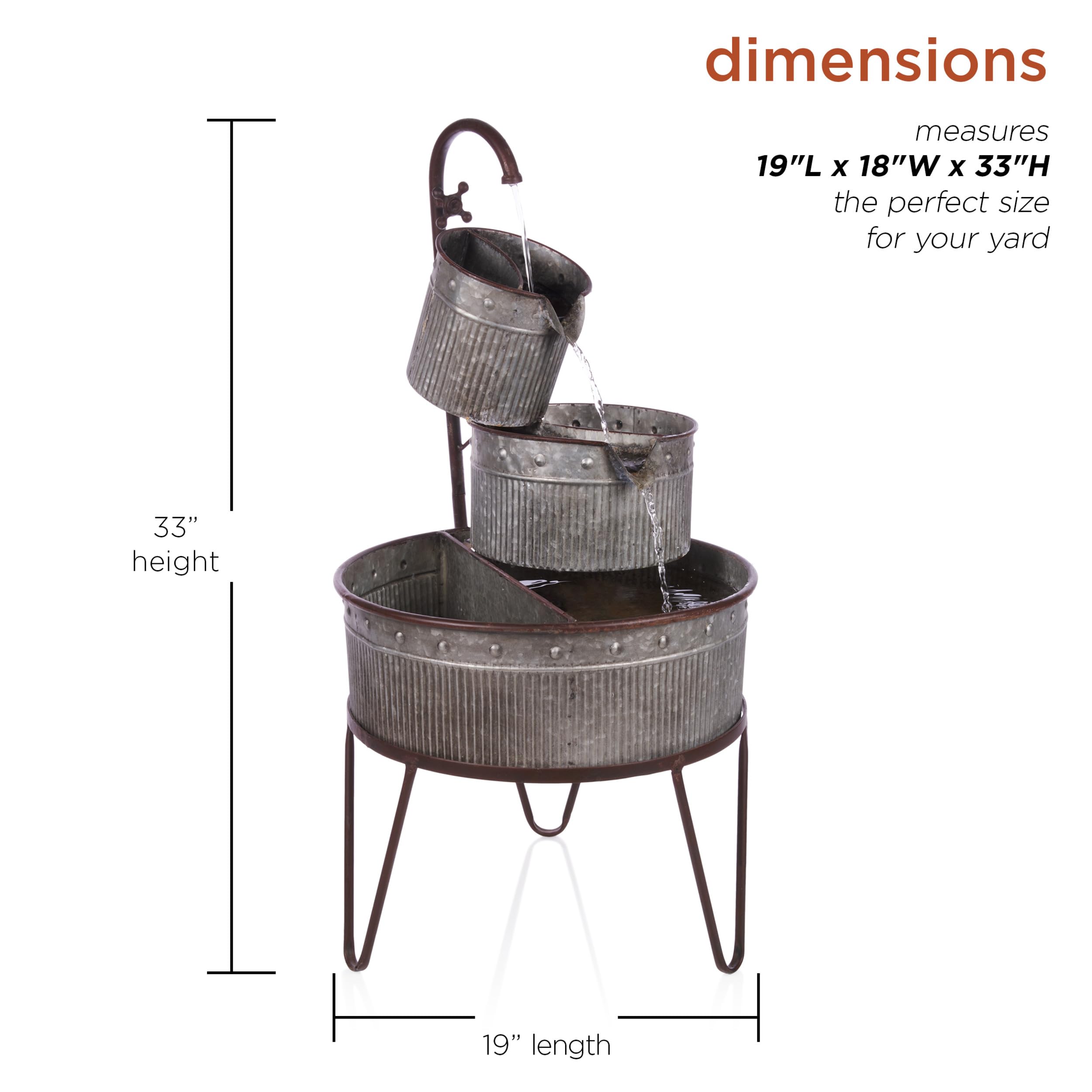 Alpine Corporation YHL684 Outdoor Floor 3-Tier Vintage Tubs and Planters Fountain, Rustic Metal Garden Fountain 33", Silver