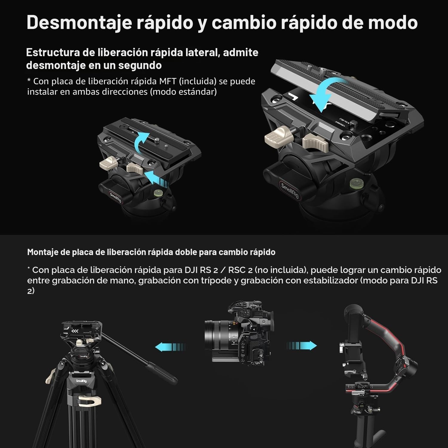 SMALLRIG 73" Trípode de Vídeo on Amortiguación Ajustable, Placa QR de Modo Dual para DJI RS 2 / RS 3 / RS 3 Pro / RS4 / RS4 Pro Gimbals y para MFT, Placa QR, Carga Máxima 17.6Lbs/8kg - 3751B