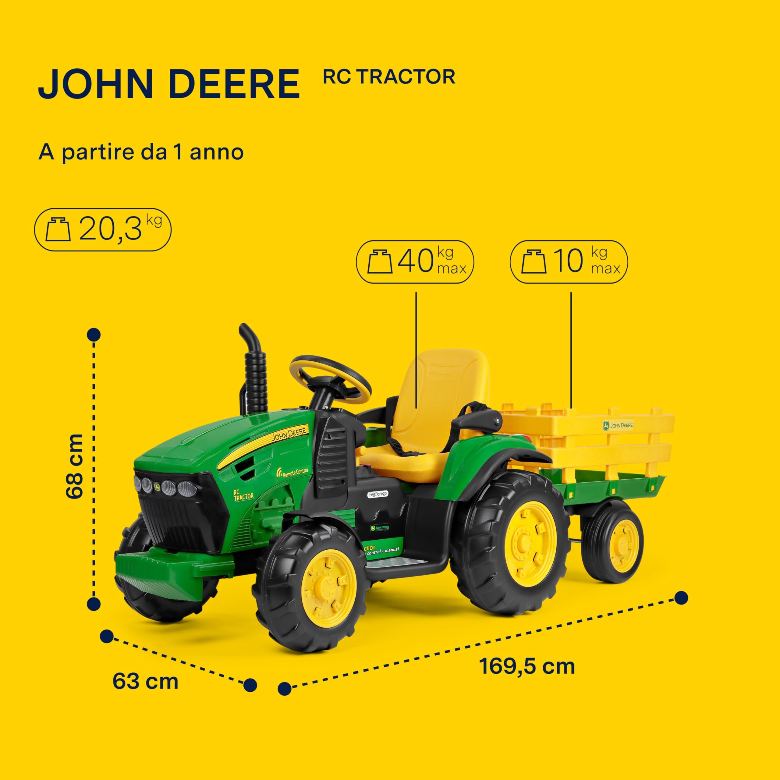 PEG John Deere RC Tractor - Trattore Elettrico Cavalcabile e Telecomandato per Bambini, 12V, con Rimorchio, Telecomando, 2 Ruote Motrici, Radio FM, da 1 Anno