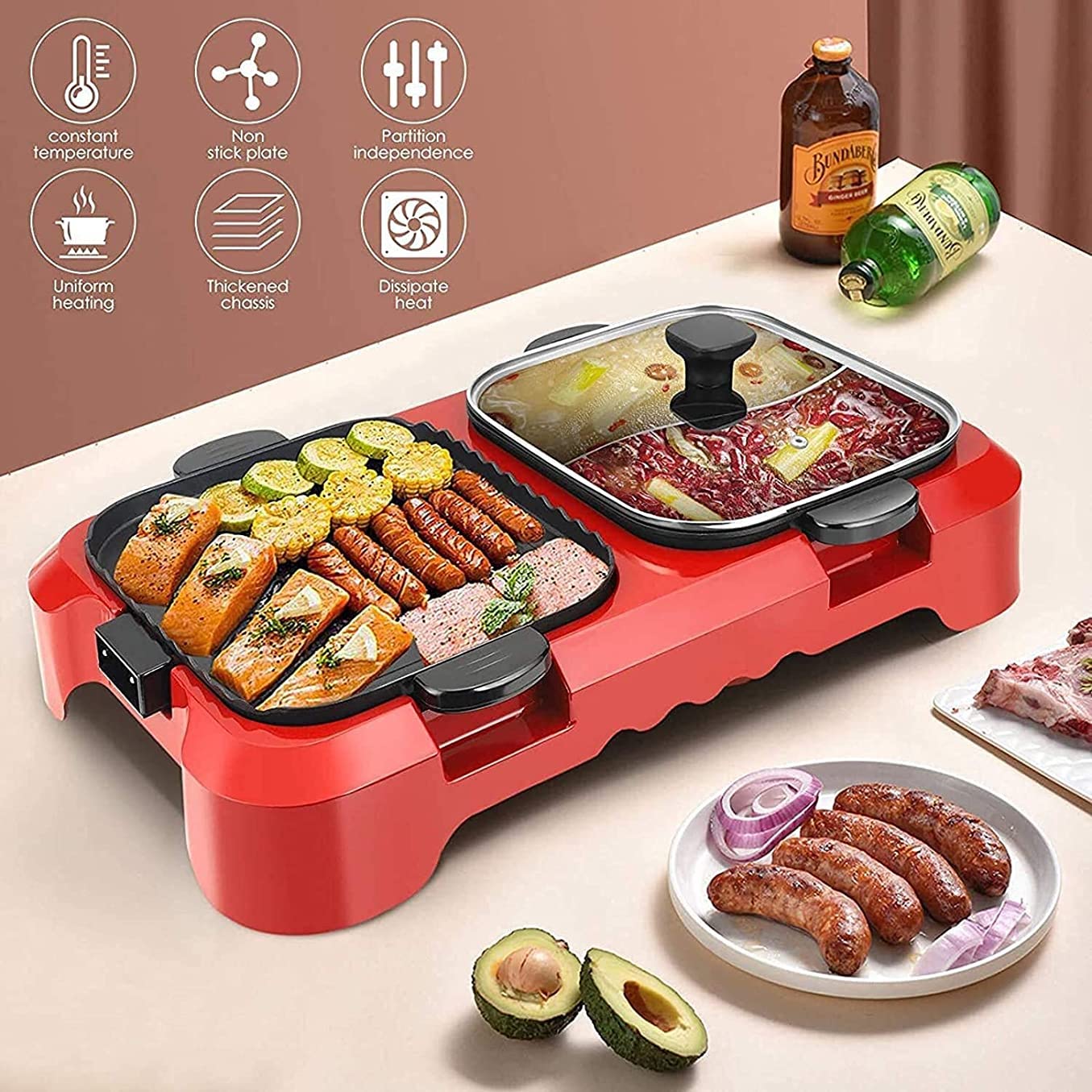 Parrilla Eléctrica Plancha de Asar Parrilla eléctrica multifunción sin Humo para Olla Caliente, Barbacoa 2 en 1, Olla para Hornear de Limpieza extraíble, Control de Temperatura Dual Separado LSDRA