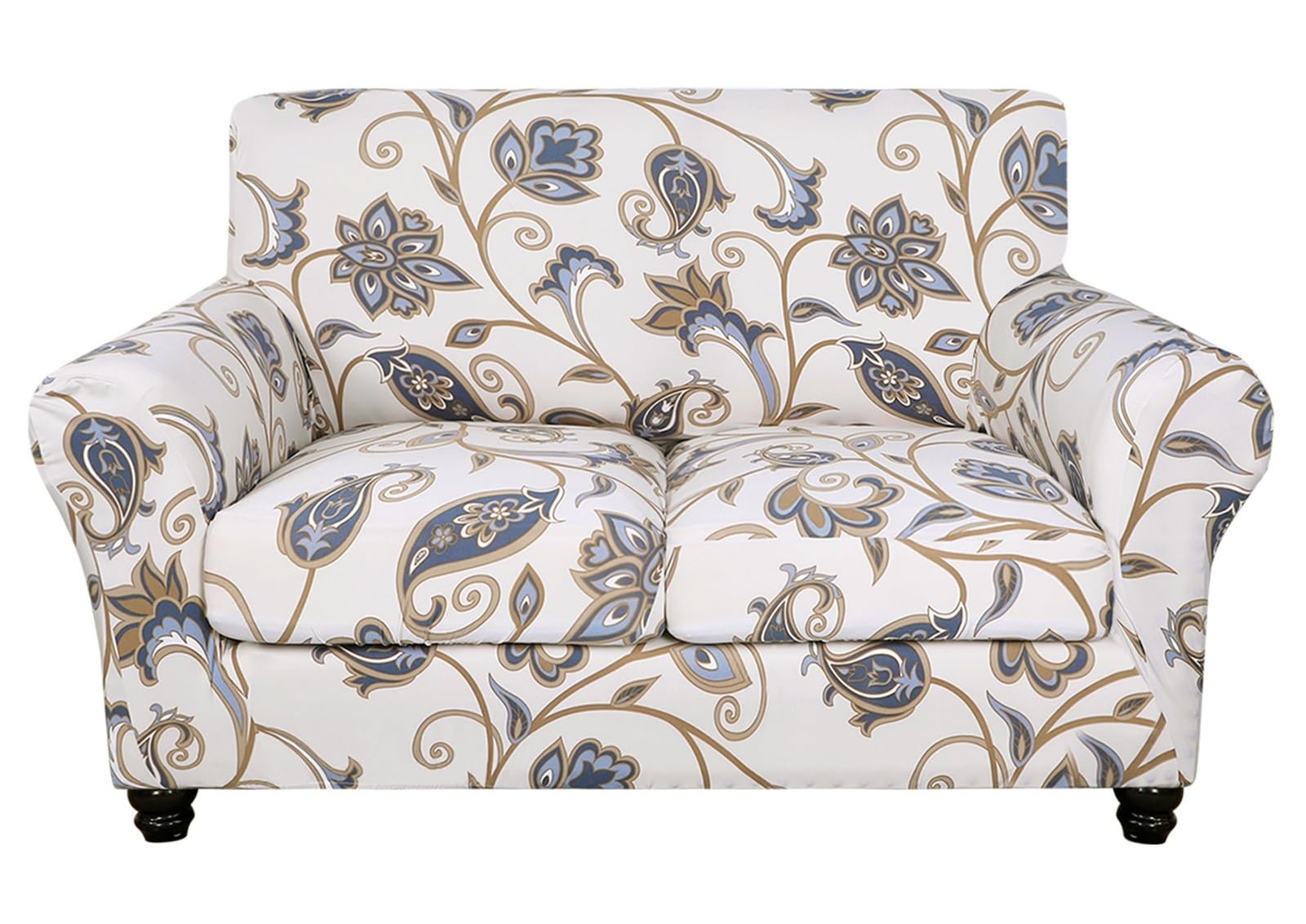 SearchI Stretch Sofa Cover Printed Couch Cover, Floral Pattern 3 Pieces Loveseat Slipcover with 2 Separate Cushion Cover, Washable Furniture Protector