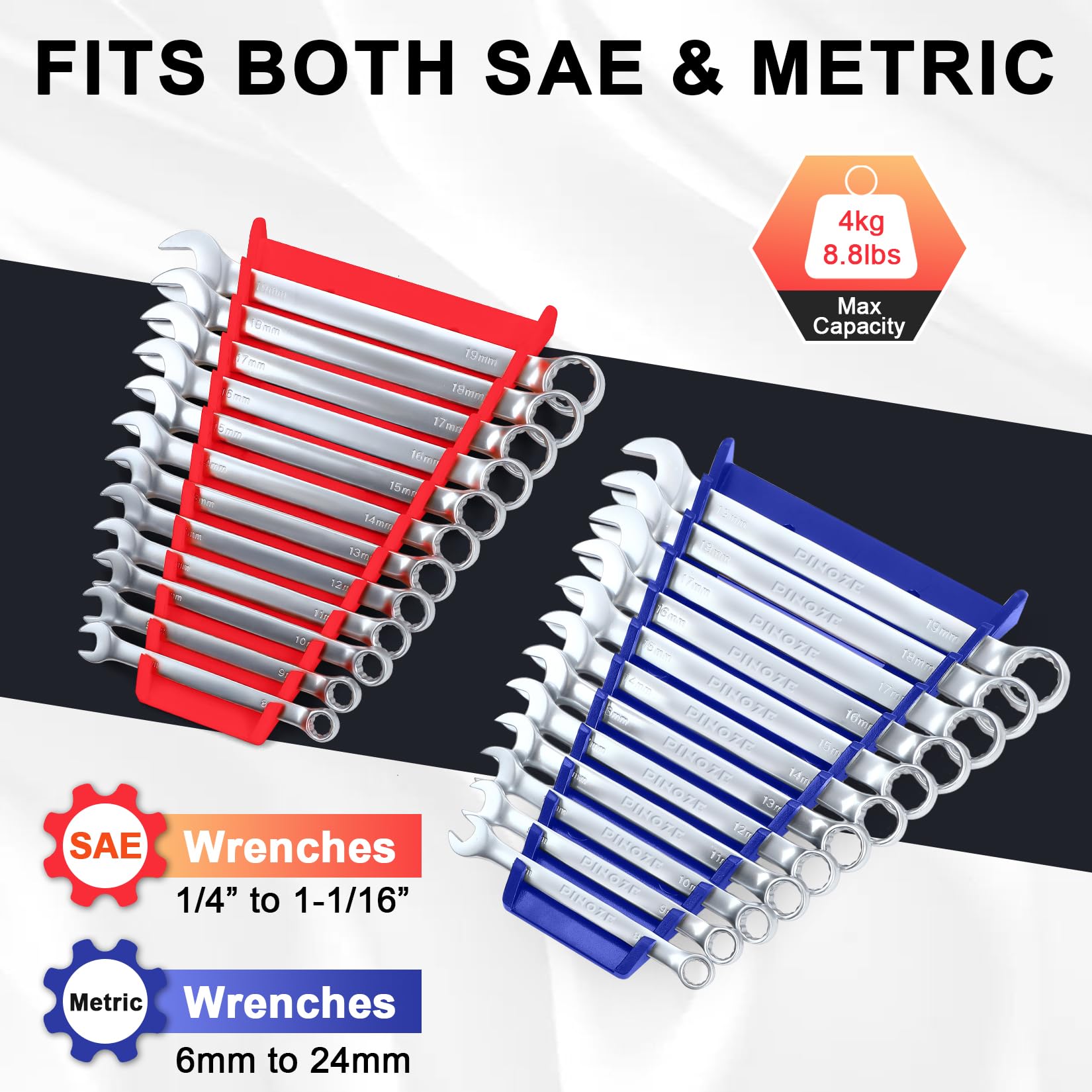 PINOZE 4-Stück Werkzeughalter, Maulschlüssel Halter Magnetischer, SchraubenschlüSsel-Organizer Schraubenschlü Sselhalter für Werkzeugkasten Wandhalterung, Metrisch (6-24mm) & SAE (1/4" bis 1-1/16")