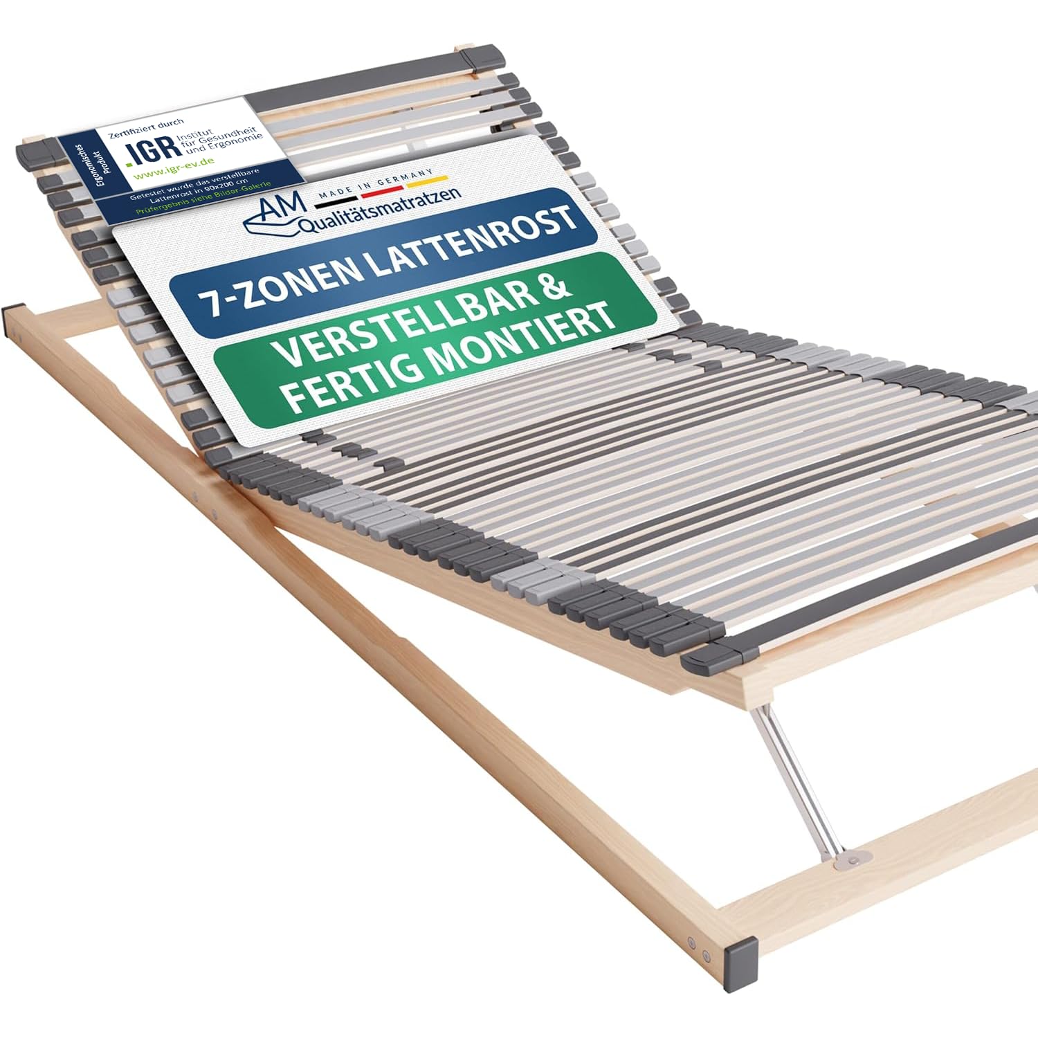 AM Qualitätsmatratzen 7 Zonen Lattenrost 100x200 verstellbar mit 44 Federleisten - Made in Germany - Verstellbarer Lattenrost 100x200 - Kopf und Fußteil - Holmabsenkung für Schulter und Becken
