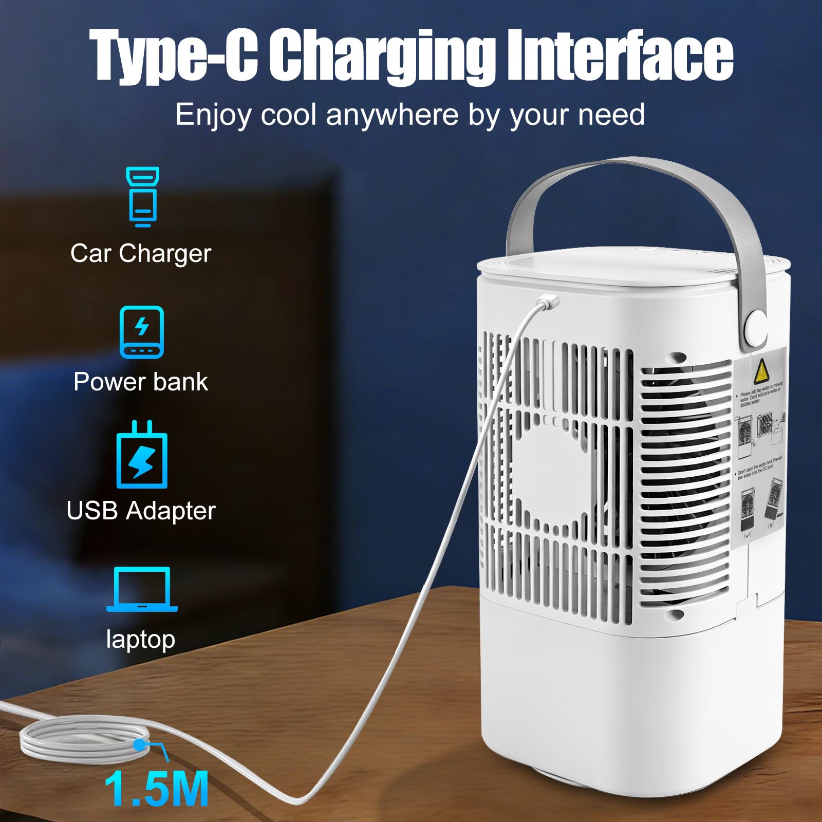 Mobile Klimaanlage mit 900ml Wassertank, Ventilator | 2/4 h Timer, 3 Windgeschwindigkeiten, Sprühfunktion, 7 Farben Licht, Mini Luftkühler für Schlafzimmer und Büro
