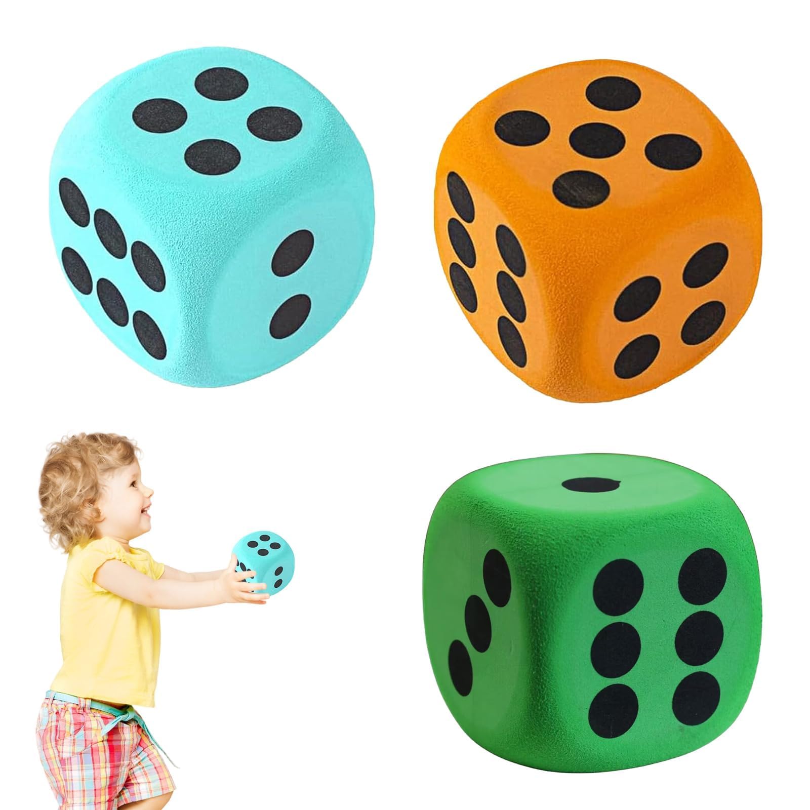 3Pcs Large Foam Dice, 8cm Large Dice For Children, Round Edge Giant Dices, Squishy Fidget Dice Toy for Math Teaching Party Supplies (Green, Blue, Orange)