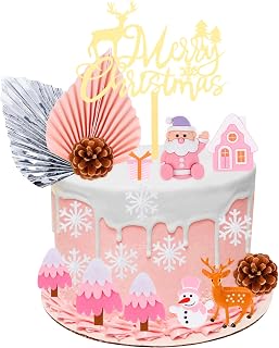 Cheereveal Juego de decoración rosa para tartas de Navidad, Papá Noel, muñeco de nieve, ciervo, caja de regalo, figuras de tarta, copo de nieve, decoración de cupcakes para Navidad, invierno,