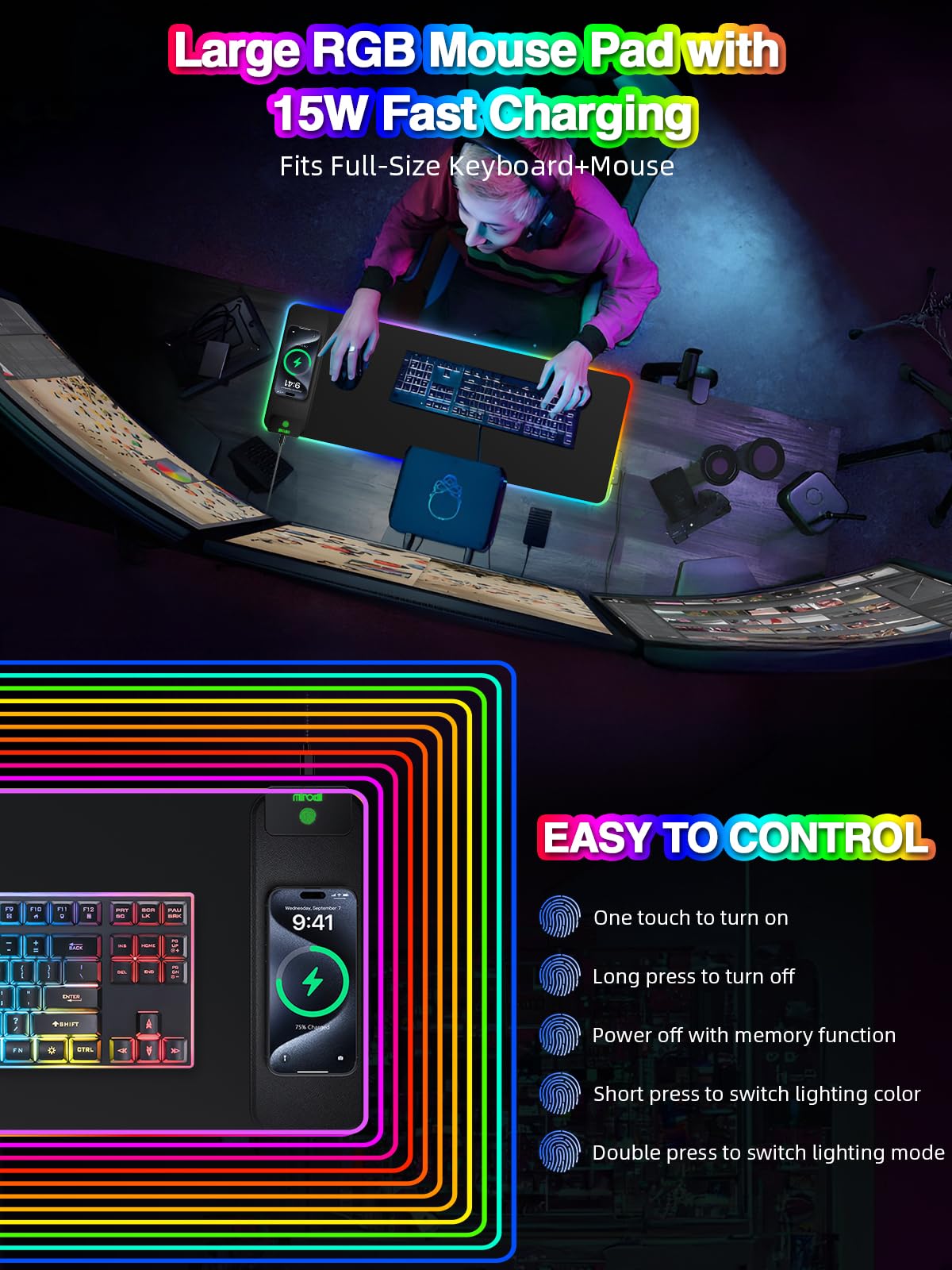 Tappetino per mouse con ricarica magnetica, tappetino per mouse da gioco XL, 80 x 30 cm, 11+5 modalità di illuminazione RGB, grande tappetino da scrivania per casa e ufficio con superficie ultra