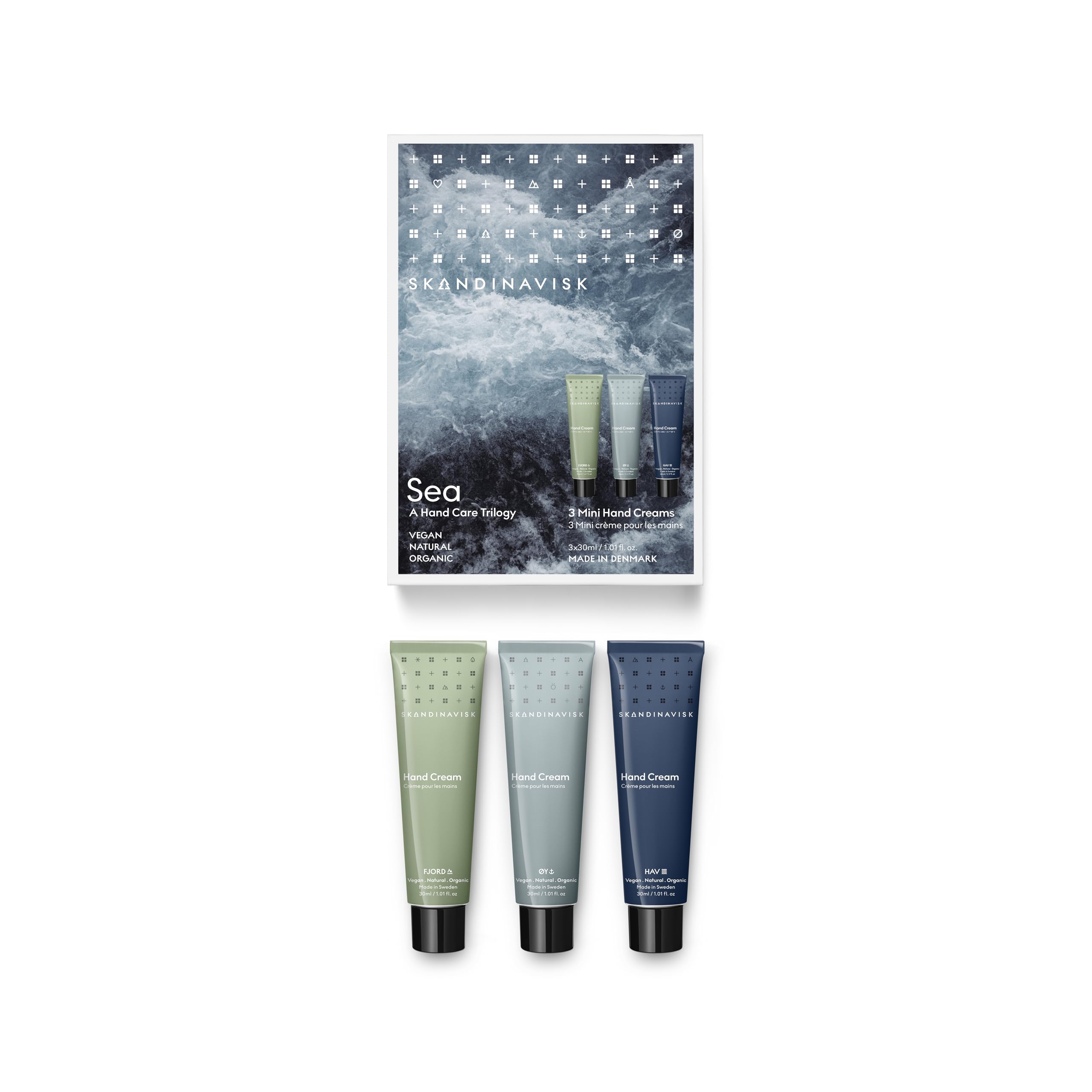 Skandinavisk Sea Giftset of 3 Mini Handcreams. Fjord, diameter Y 'Island' and HAV 'Sea'. Vegan Formula, 30 ml x 3