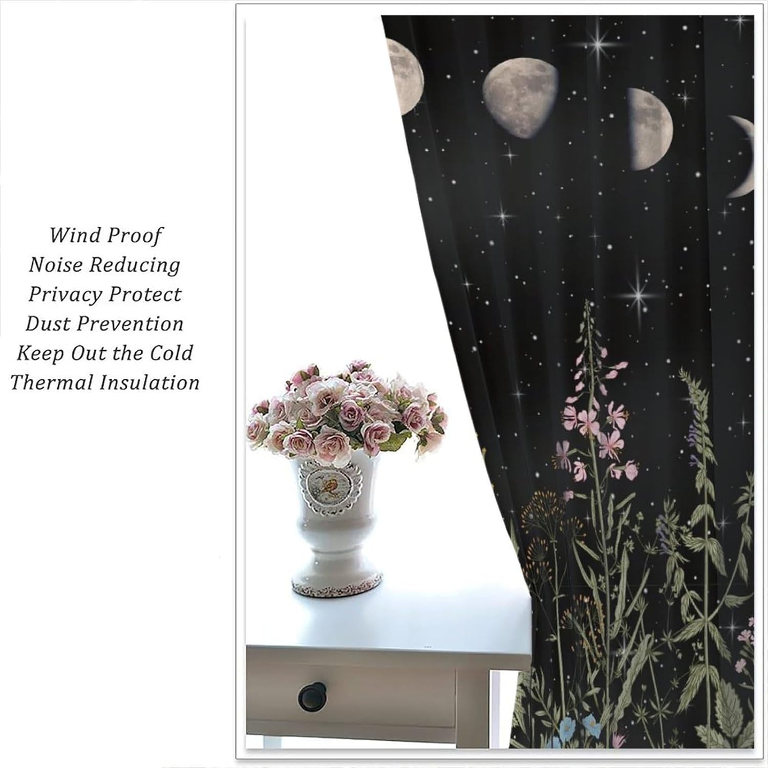 Black Moon Floral Blackout Curtains Rustic Wildflower Plants Starry Night Vintage Home Decor Window Treatments for Kids Girls Bedroom Living Room Kitchen 42" W X 63" L