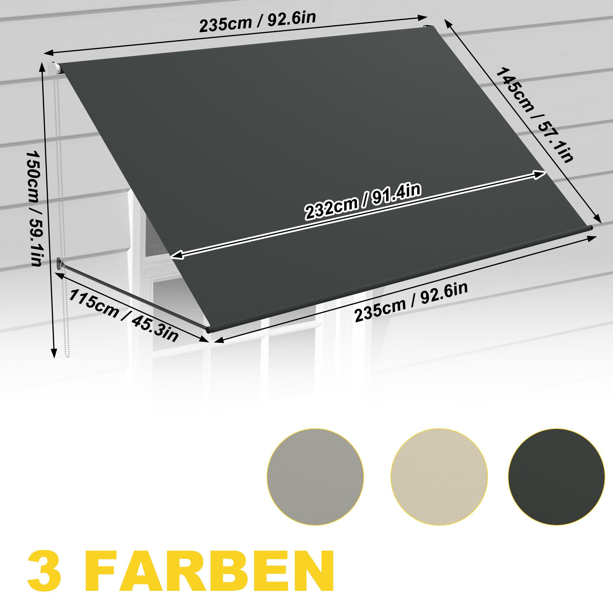 FIVMEN Markiza z ramieniem spadkowym, zwijana, ze sznurkiem i aluminiowym drążkiem podporowym, markiza balkonowa, ochrona przed słońcem na okna, taras, balkon, 235 x 145 cm, antracytowa