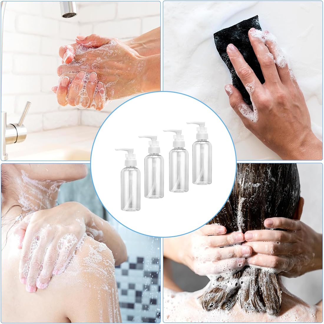 4 Pezzi Flaconi da Viaggio, 50 ml Bottiglie da Viaggio Trasparenti, Pompa da Viaggio in Plastica Dispenser, Boccette Contenitori Ricaricabile, per Cosmetici, Lozione, Bagno, Shampoo Liquidi