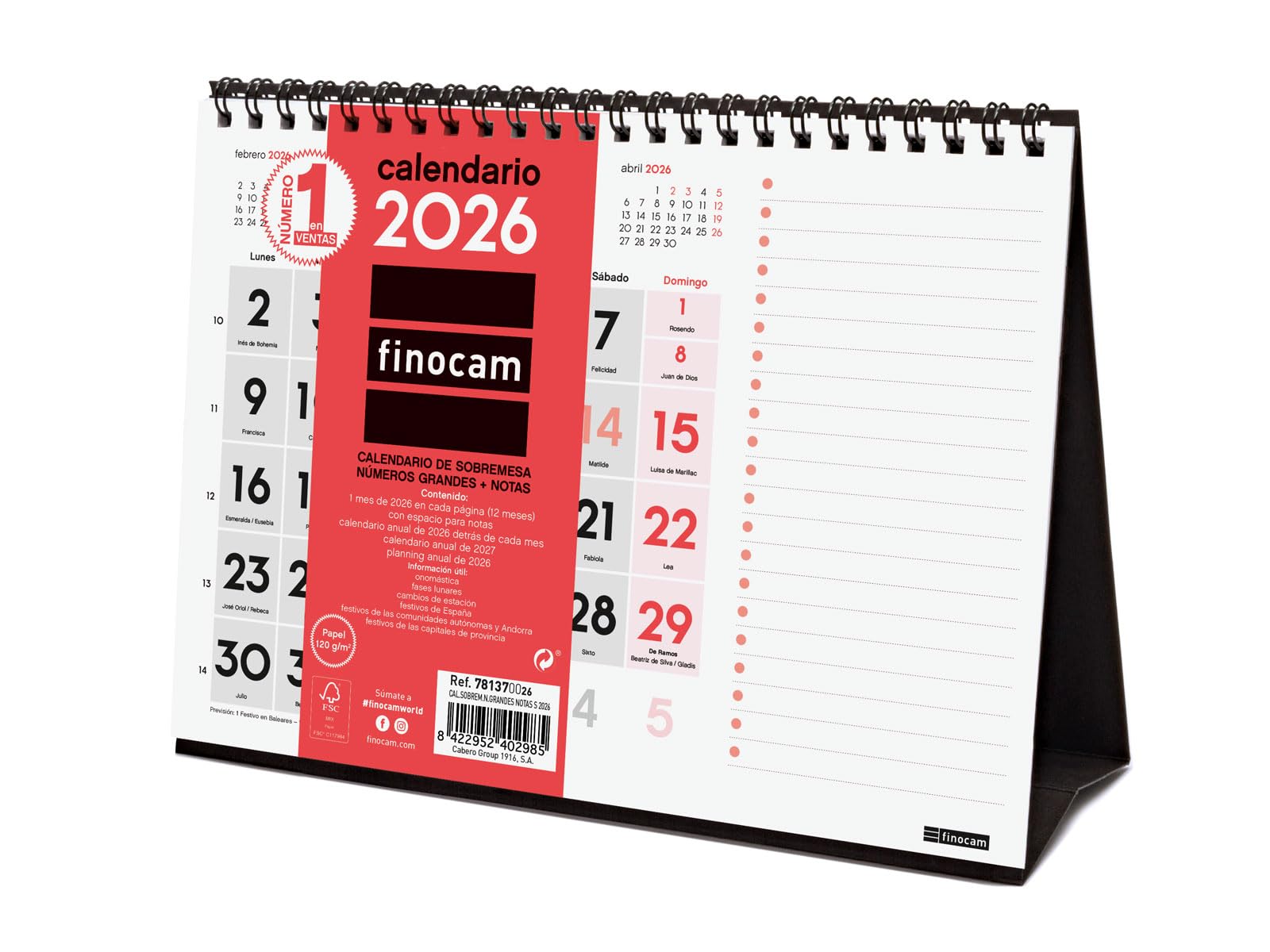 Finocam - Wall Calendar Large Numbers 2026 & Notes Month View January - December 2026 (12 Months) | Calendar 2026 | Neutral Monthly Planner - Spanish