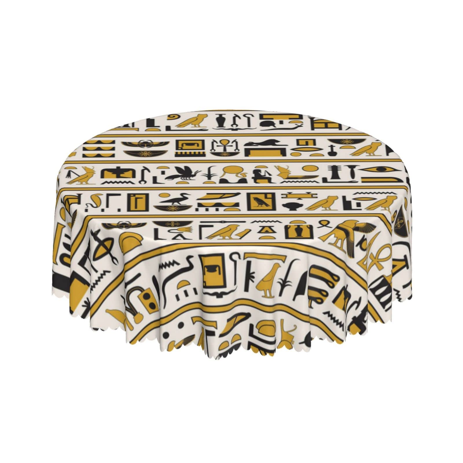 Lsjuee Ancient Egypt Hieroglyphs Gold White Round Tablecloth 60 Inch Printed Washable Tablecloth for Dining Party Holiday Fall Home Decorative