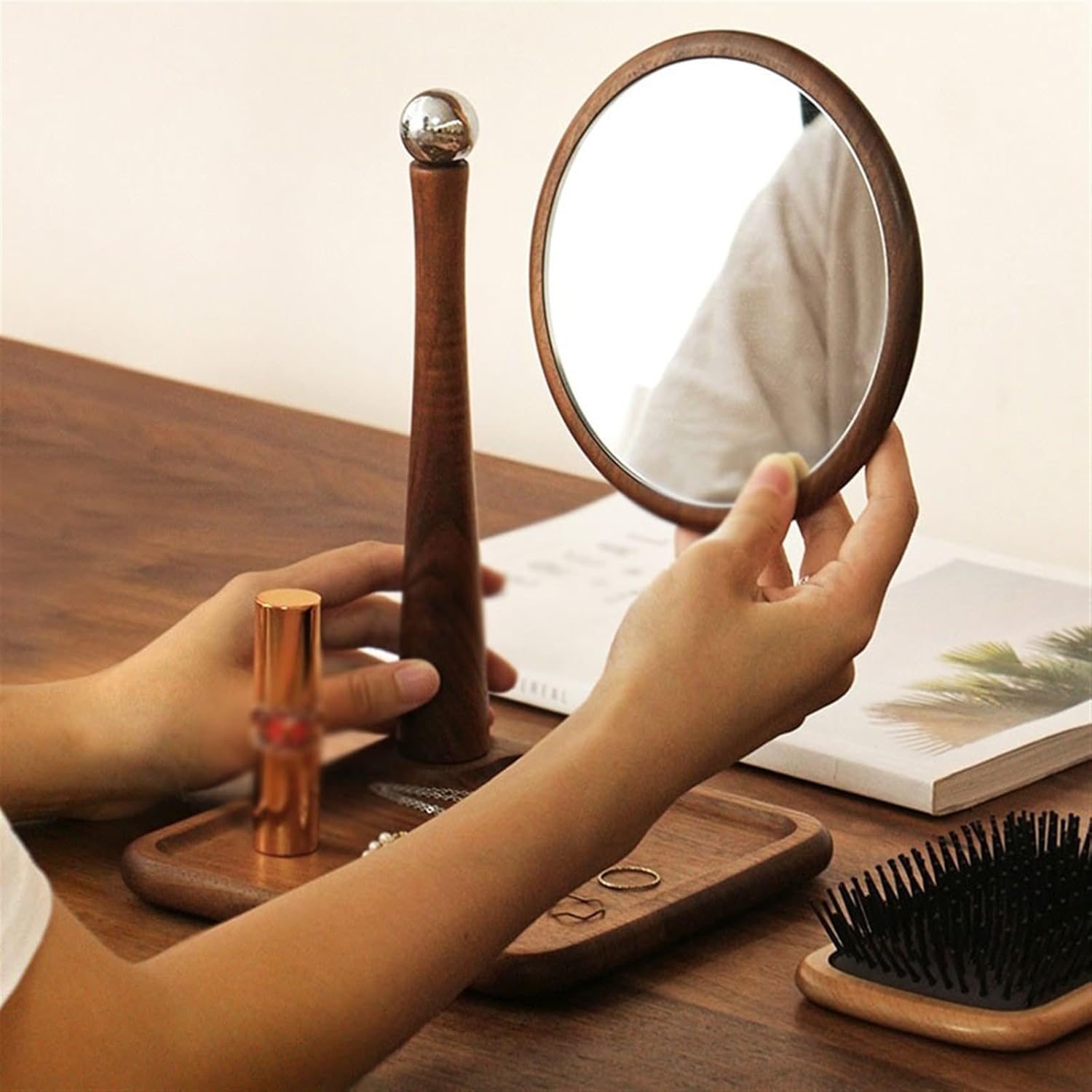 GLigeT コスメティックミラー シンプル 木製 メイクアップミラー トレイ付き ウォールナット ドレッシングミラー デスクトップ