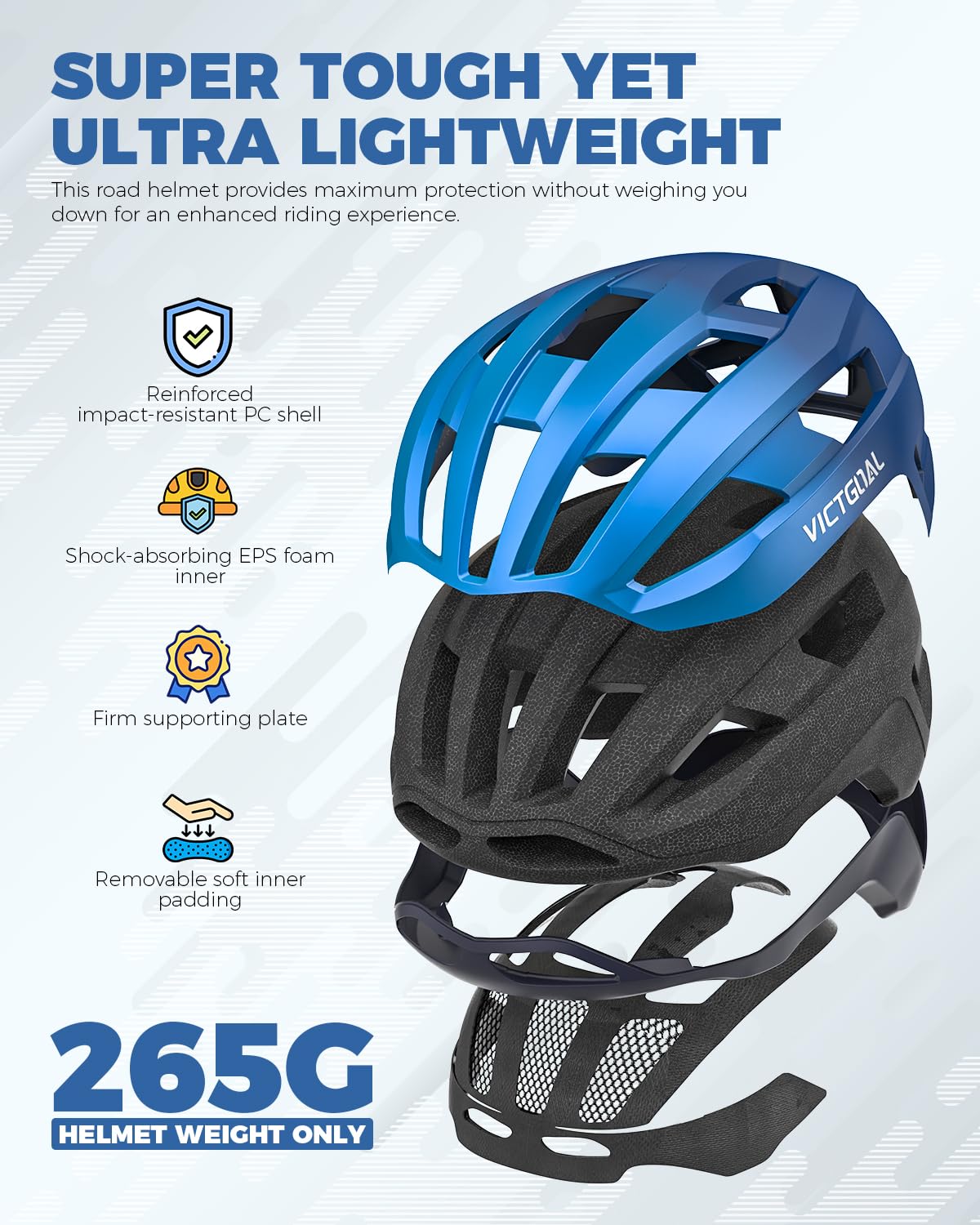 VICTGOAL Rennrad Helm Herren Damen mit Magnetischen Rücklicht, Magnetknöpfe | USB-C Rücklicht, Verstellbar, Atmungsaktiv, Leichtes, Brillenanschluss Design, 57-61 cm, Für Erwachsene Radfahren