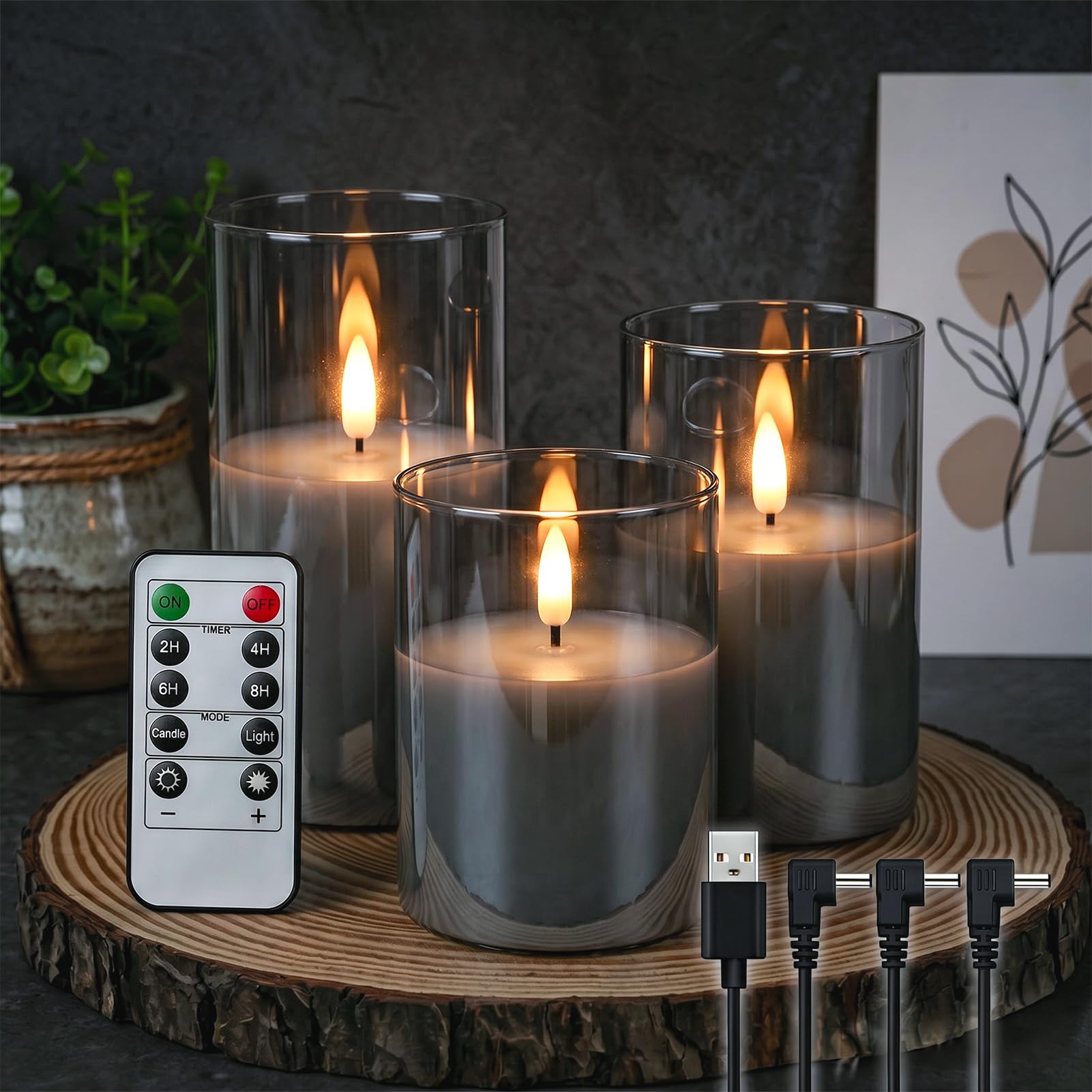 GenSwin Rechargeable LED Flameless Flickering Glass Candles with Remote Timer, Battery Operated Pillar Candles Long Lasting Grey Real Wax USB (D 3”×H 4”5”6”)
