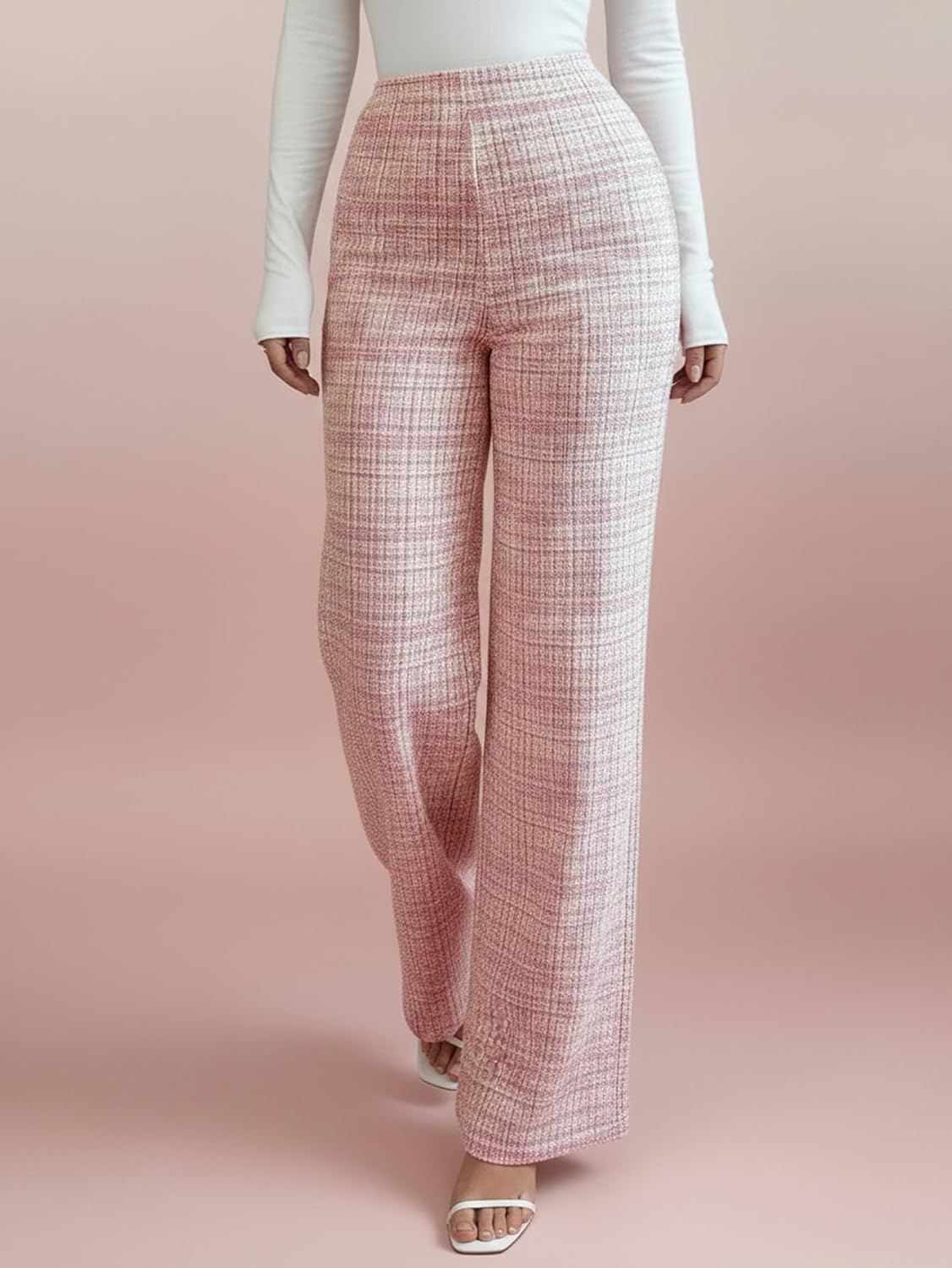 Women's Elegant Plaid Tweed Pants Vintage High Waisted Straight Leg Fall Business Casual Trousers - Image 3