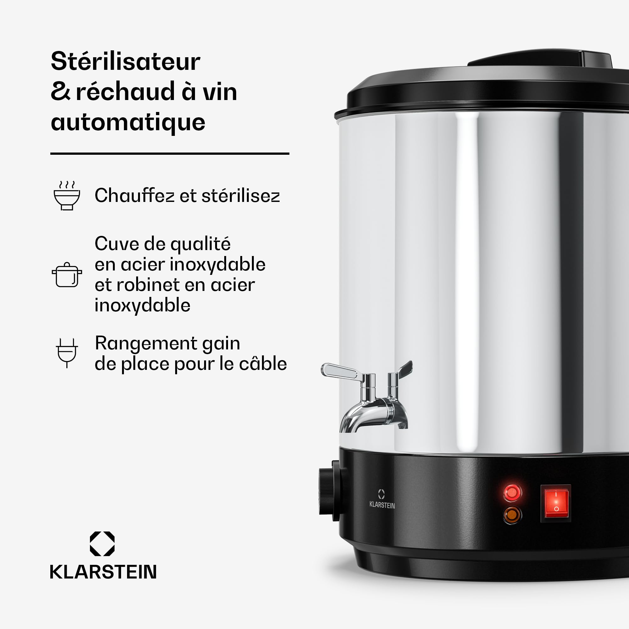Klarstein Biggie Stérilisateur Mécanique Bocaux 25 L en Inox avec Robinet en Acier Inoxydable, 1800 W, 30–110 °C, Minuterie, Vin Chaud, Arrêt Automatique