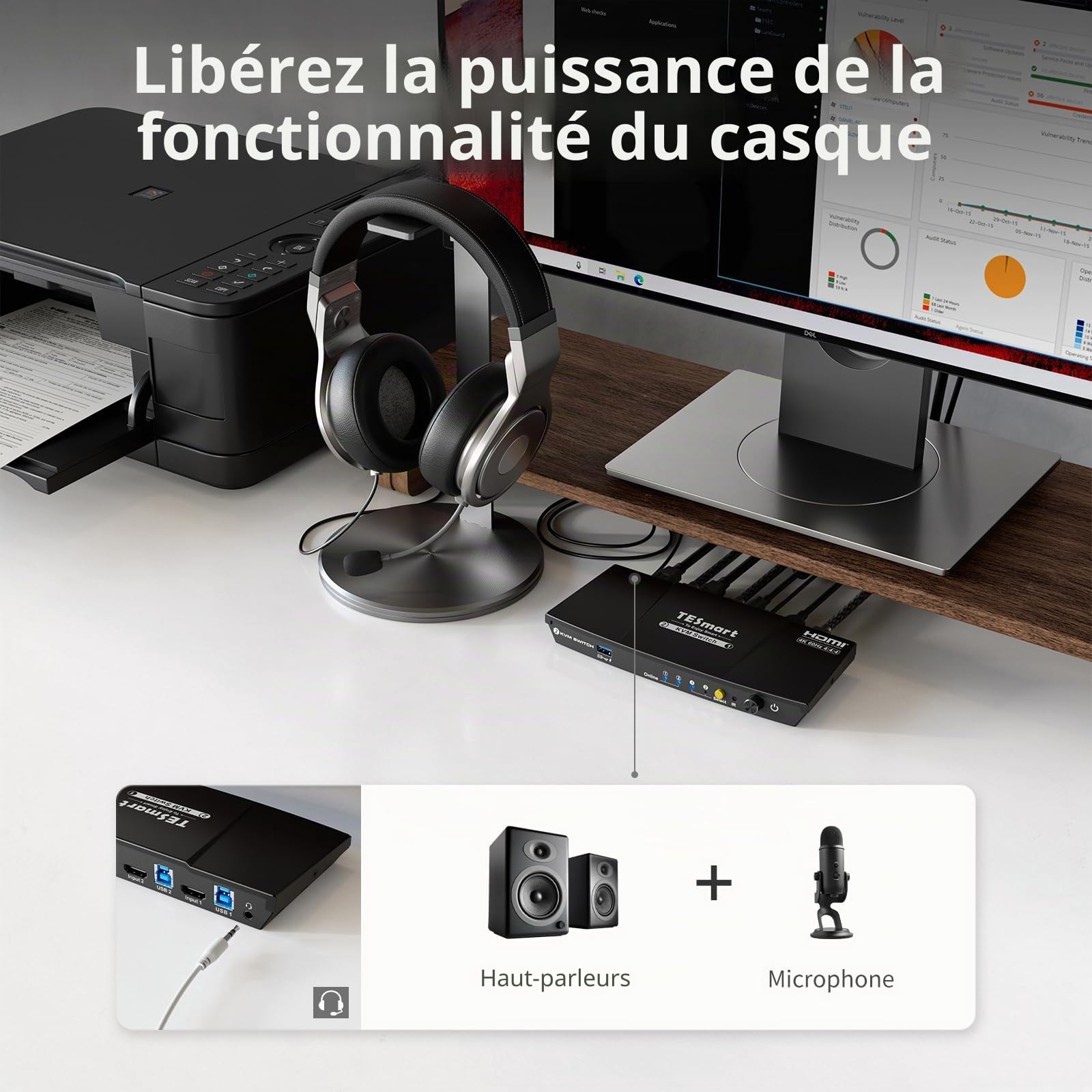 TESmart Commutateur KVM HDMI pour 2 PC 1 écran, switch HDMI avec USB 3.0 4K@60Hz Émulateur EDID, Hotkey, compatible HDCP 2.2, HDR10 et Dolby, L/R Audio ports,télécommande et câbles d’entrée inclus
