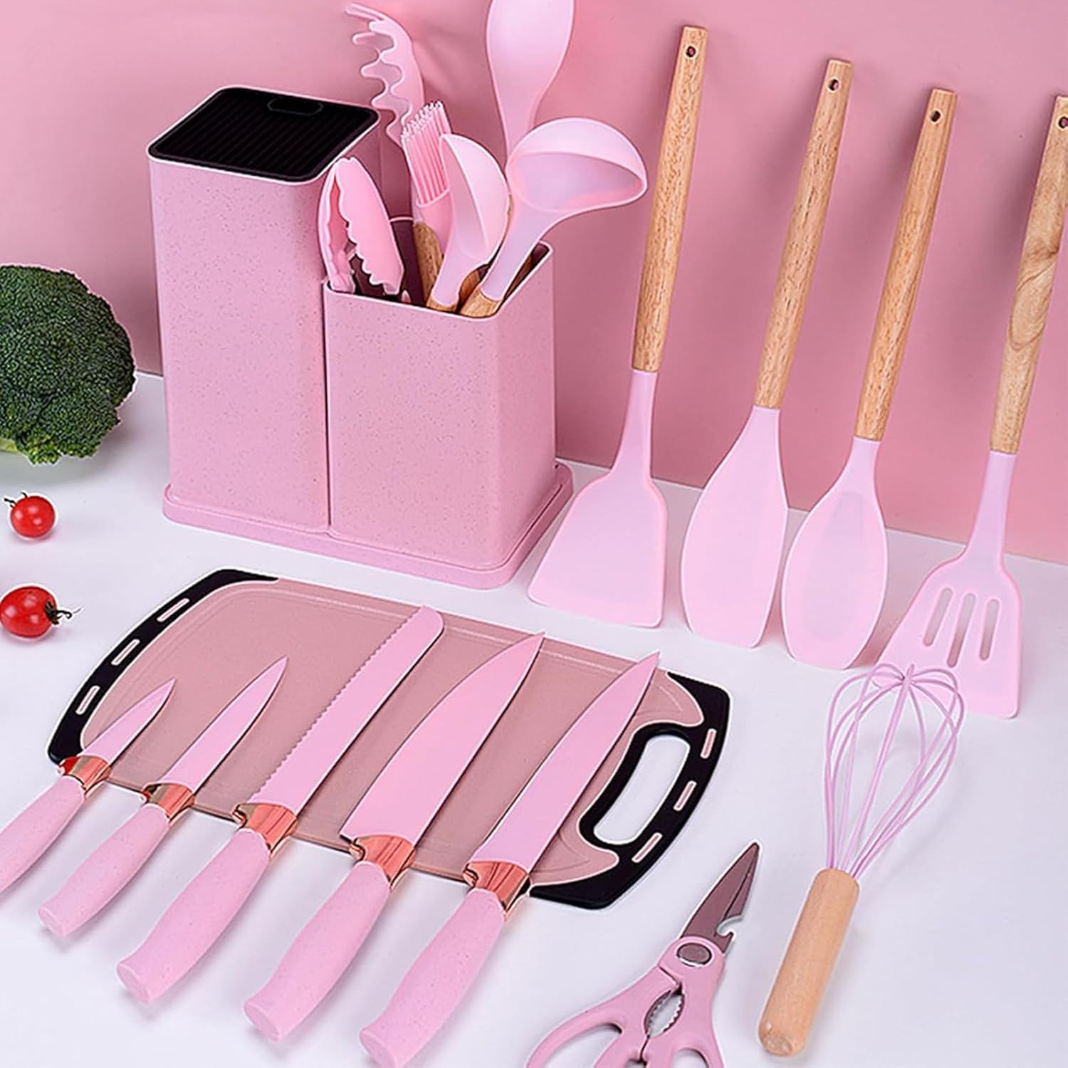 Silicone Kitchen Utensils Set of 19 Pieces Kitchen Utensils with Stand and Kitchen Knives for Kitchen Non-Stick Heat Resistant with Wooden Handle (Pink)