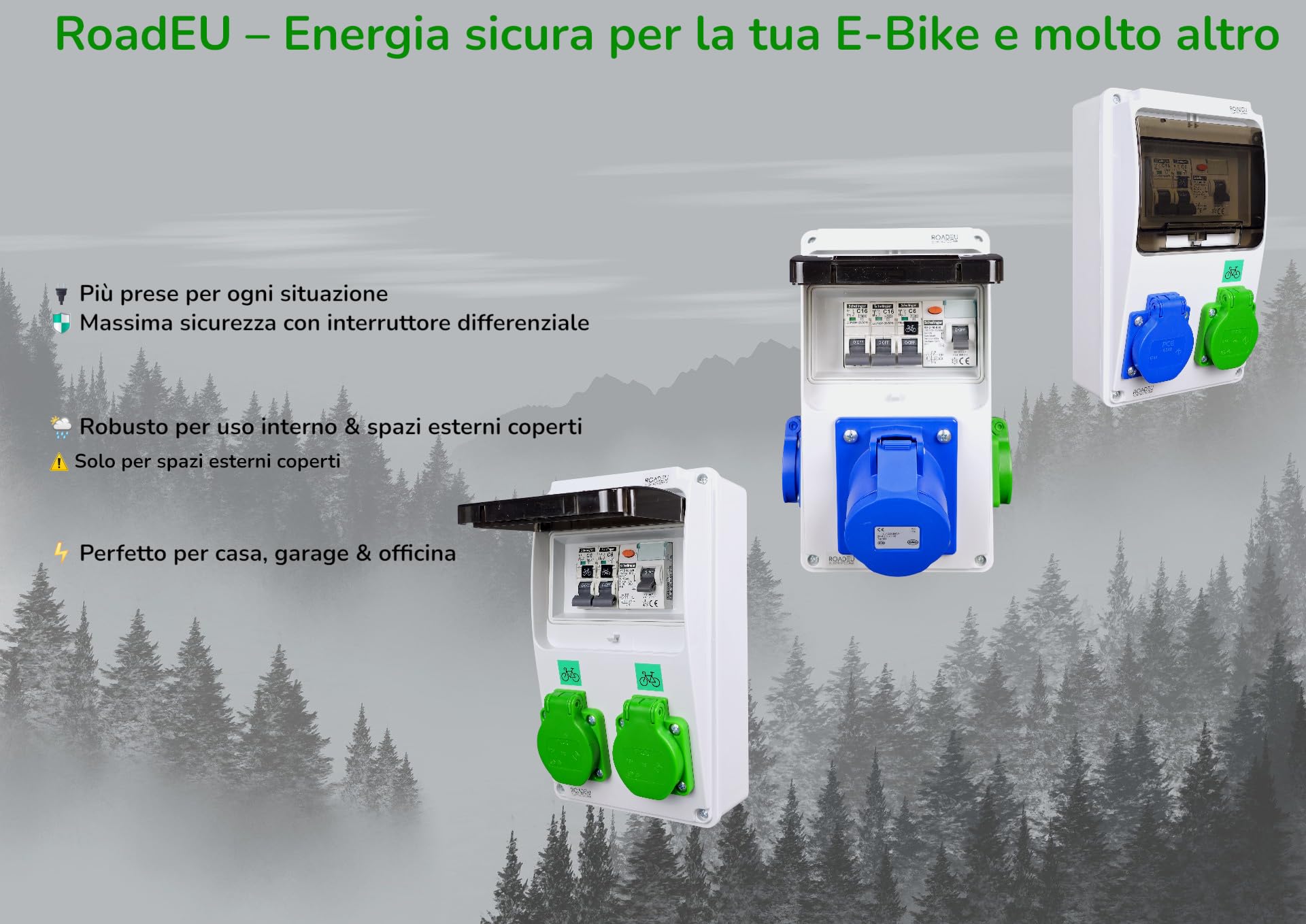 RoadEU Quadro elettrico ibrido da parete | Presa CEE 32A 3P, presa Schuko & presa E-Bike | Interruttore differenziale 30mA Tipo A & Magnetotermici | IP44
