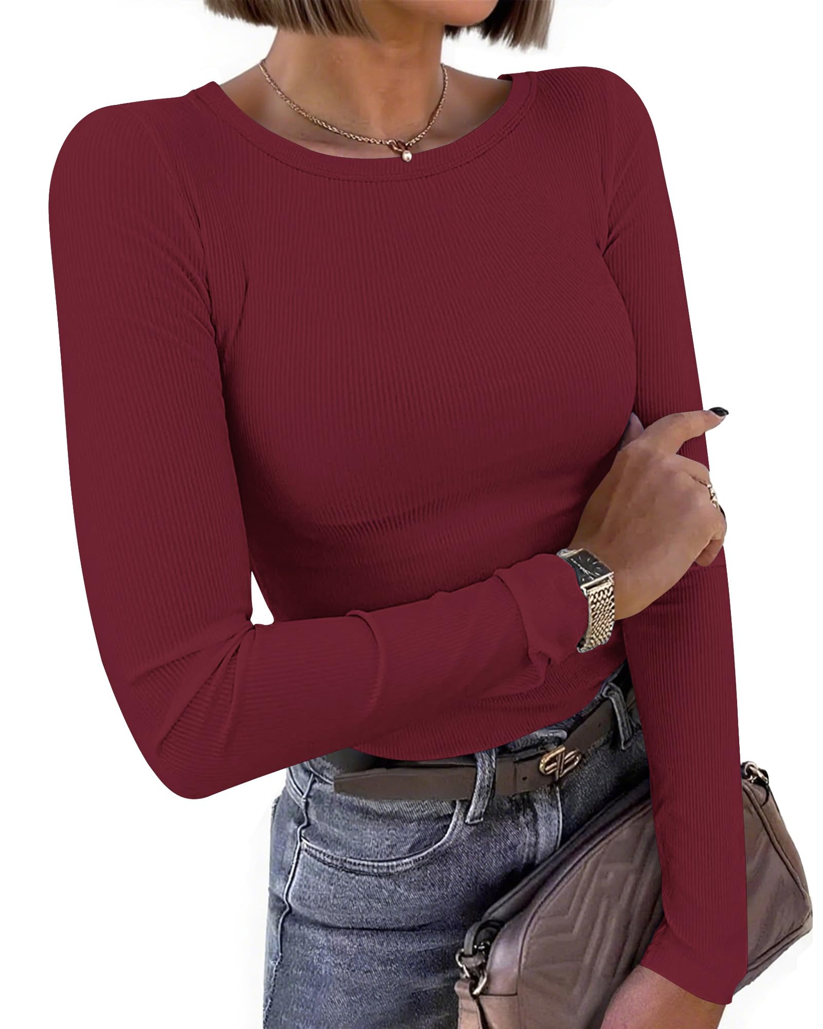 WNEEDU Women Long Sleeve T-Shirt Crewneck Ribbed Knit Slim Fit Tee Tops 2025 Casual Basic Spring Fall Blouse