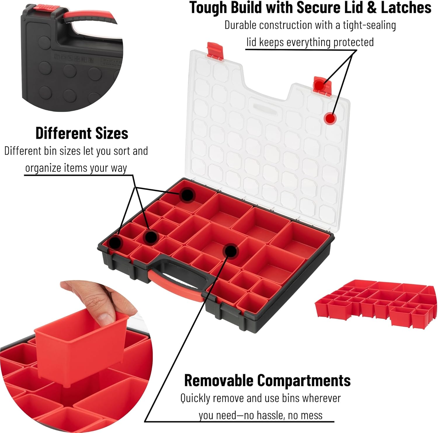 INTERTOOL Hardware Organizer with 24 Removable Bins - Small Parts Storage Tool Box for Nuts, Bolts, Screws, Nails - Portable Handle Transparent Lid with Locks BX08-4033