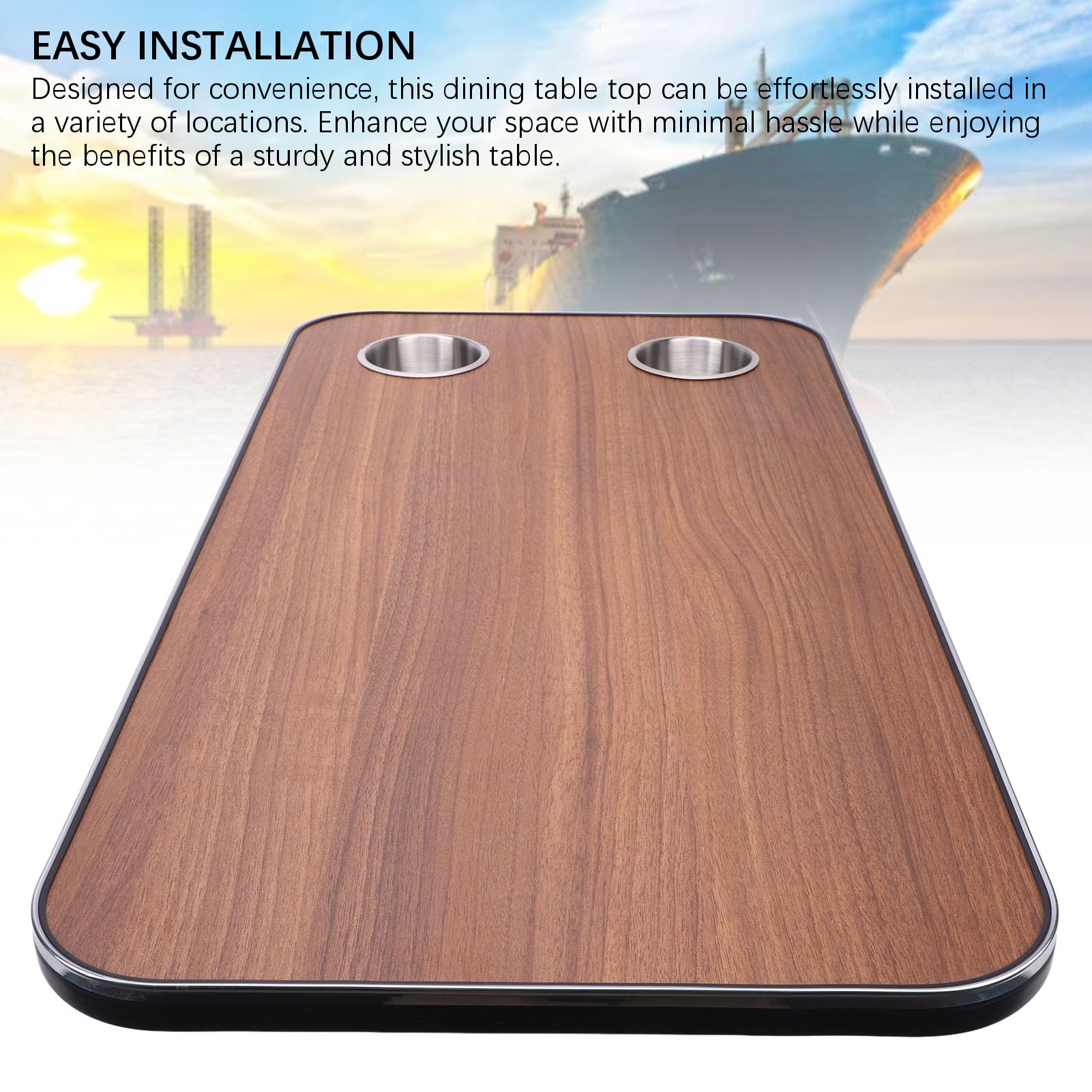 Removable Boat Table, RV Table Top Solid Wood with 2 Stainless Steel Cup Holders for Trailer Motorhome Yacht Boat Deck 800 X 400mm (Brown)