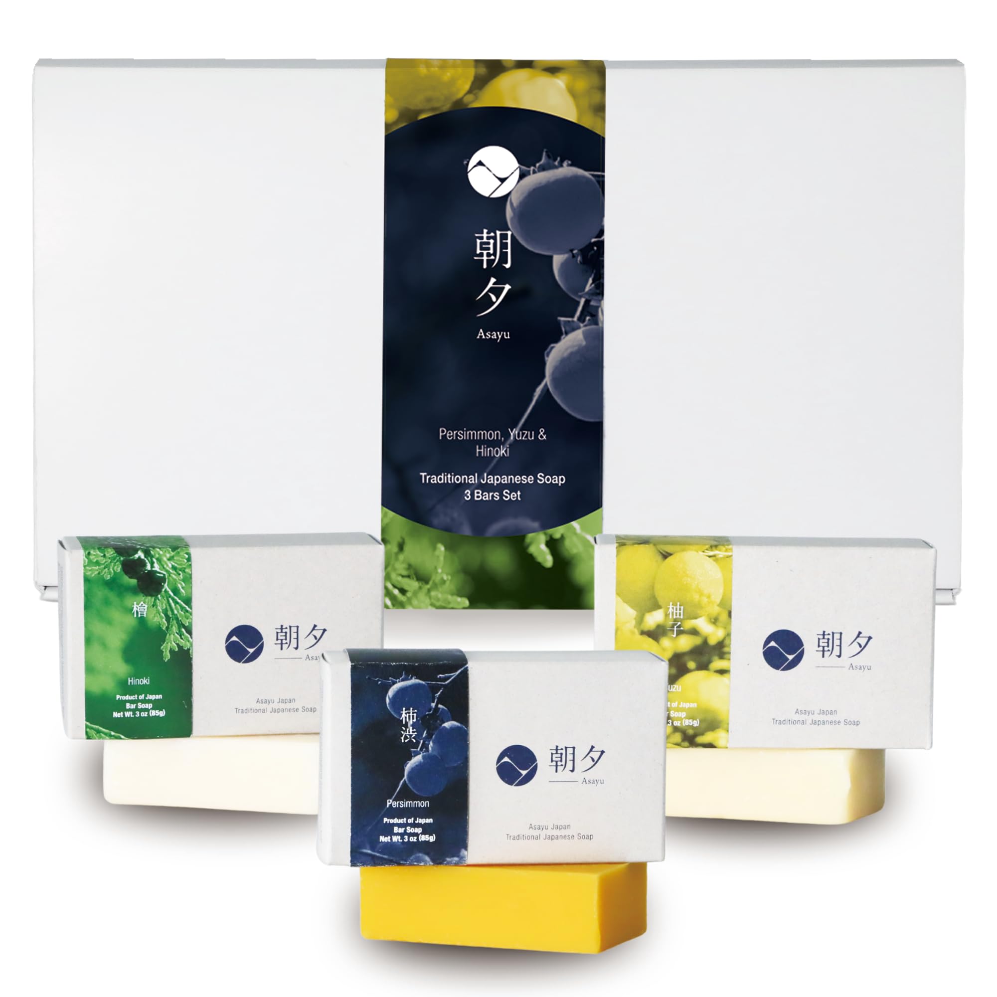 Asayu Japan Körperseifen-Geschenkset - Kaki, Hinoki, Yuzu - 3er-Pack, je 85 g (3 x 85 g), natürliche Körperseife für Männer und Frauen, sanft zu allen Hauttypen